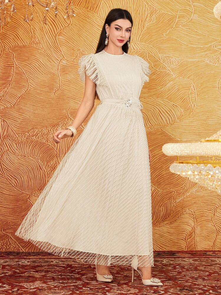 Women's Solid Color Splice Mesh Sleeveless Dress Long Evening Dresses