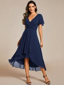 EVERPRETTY Elegant Ruffle Hem Contrast Color High-Low A-Line Midi Chiffon Navy Blue Bridesmaid Dress, Wedding Guest Dress, Mother Of The Bride Dress - Navy Blue - View 5