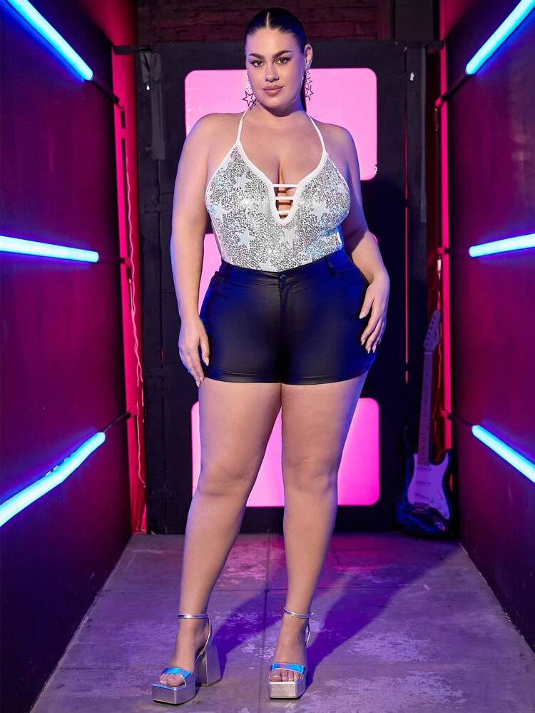 Plus Size Sparkly Sequin Tassel Cami Bodysuit