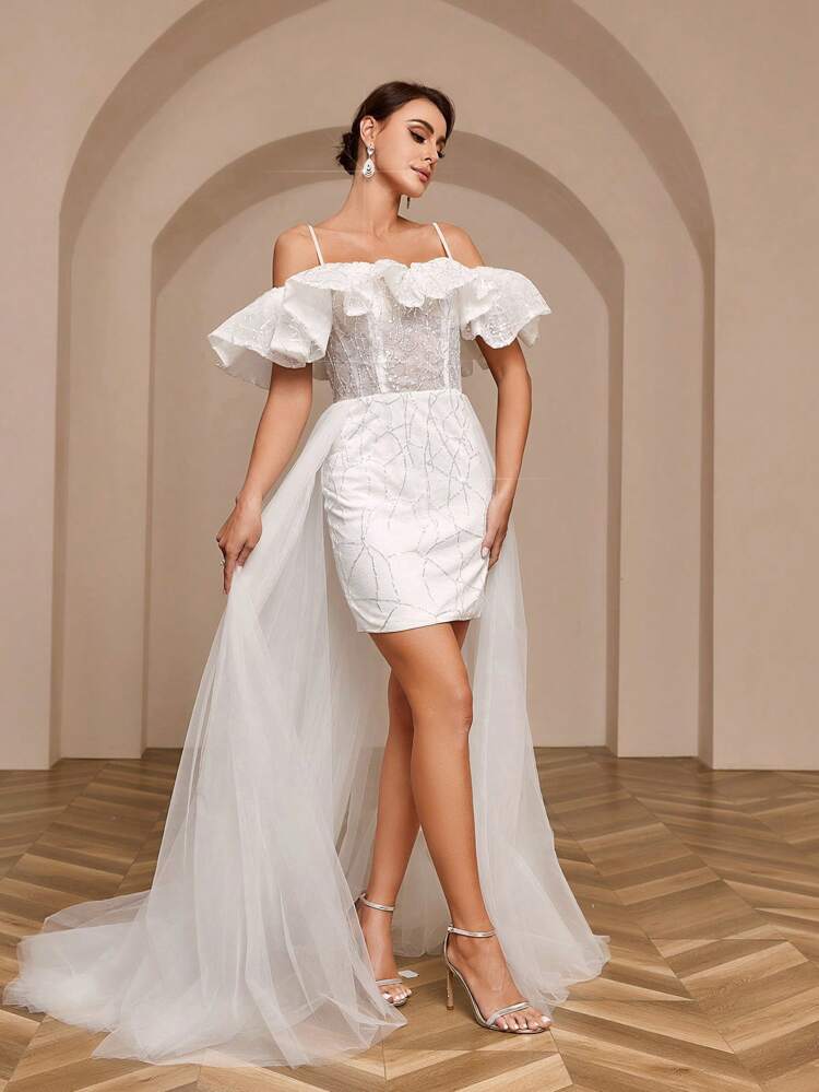Off Shoulder Glittery Mesh & Sequin Patchwork Cami Wedding Dress With Train