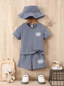 SHEIN Baby Boy Letter Printed Round Neck T-Shirt And Shorts Set - Dark Grey - View 1