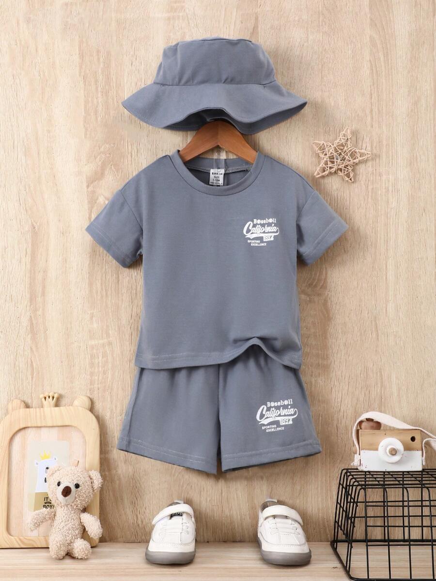 SHEIN Baby Boy Letter Printed Round Neck T-Shirt And Shorts Set - Dark Grey - View 1