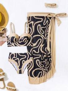 SHEIN Swim 女用條紋圖案印花比基尼套裝沙灘裝帶罩裙泳衣夏季 - 彩色 - 查看 1