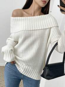 DAZY Áo len dệt kim trễ vai thanh lịch dành cho nữ, mùa thu/đông - trắng - Xem 4