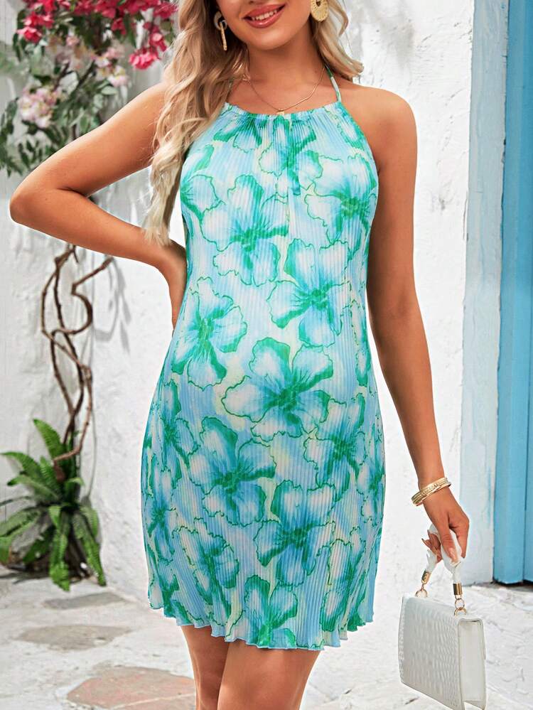 Maternity Vibrant Vacation Halter Neck Backless Floral Print Dress