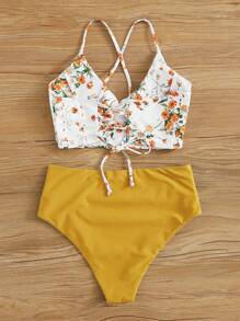 SHEIN Swim Summer Beach Floral Patchwork Print V-Neck Bikini Set, Bikini Set - Yellow - View 2