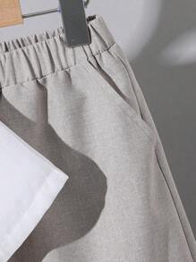 SHEIN 青少年男孩鬆身休閑短袖polo衫和長褲套裝 - 白色 - 查看 3