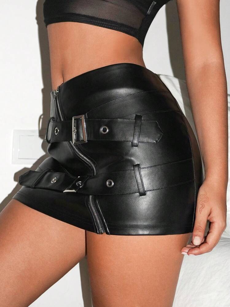 SHEIN ICON Y2k Brown Pu Mini Skirt With Slanted Zipper And Belt
