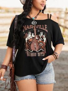 SHEIN LUNE Plus Size Women's Printed  Letter Print Off-Shoulder T-Shirt For Summer