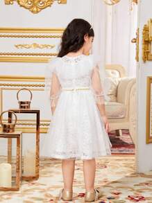 SHEIN Young Girls' Gorgeous Mesh Round Neck Sheer Ruffle Hem Puff Sleeve Dress - White - View 2