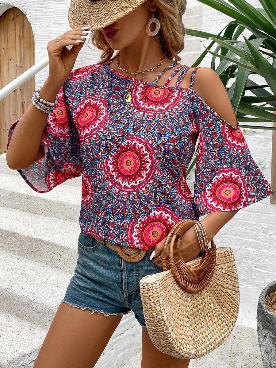 SHEIN VCAY 女性不對稱領口印花襯衫 - 彩色 - 查看 1