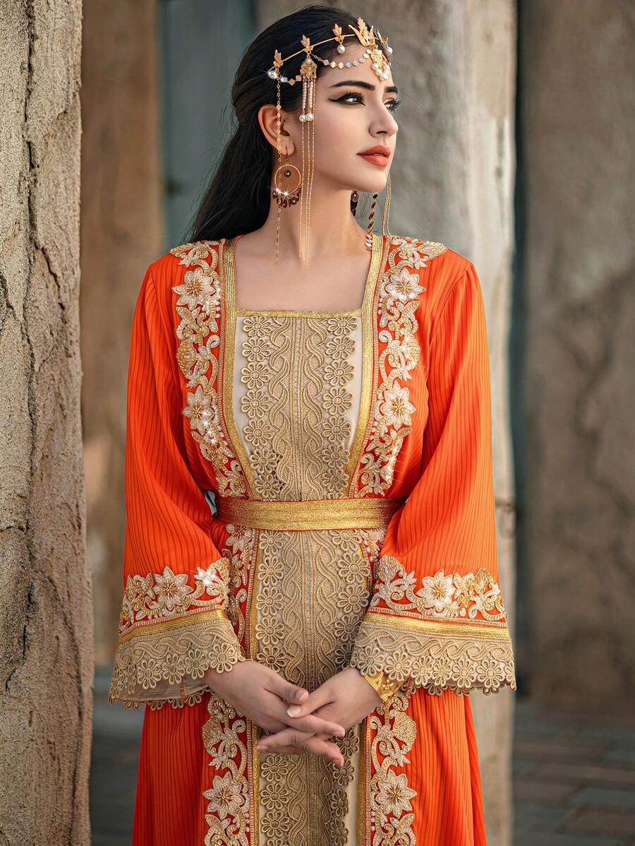 Layrah Lace Applique Square Neck Heavy Kaftan, Modest Long Sleeve Arabian Dress