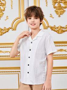 SHEIN Cậu bé Tween Lỏng lẻo Nhà thoải mái Dệt kim Dệt hoa Ngắn tay Áo sơ mi Với Vòng cổ - trắng - Xem 7