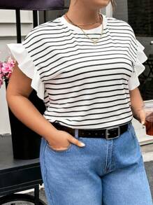 SHEIN Essnce Plus Size Women's New Vacation Casual Commuting Work Striped Splicing Ruffled Short-Sleeved T-Shirt For Summer - Black and White - View 4