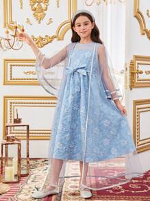 SHEIN Tween Girls' Loose Fit Casual Jacquard Dress With Mesh Jacket 2pcs/Set