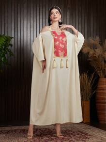 Al Najma Vestido con Estampado Patchwork de Paisley con adornos de borlas - Albaricoque - Ver 6