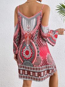 Breezaya Women's Open Shoulder Floral Printed Dress For New Year Clothes Vacation Beach Outfit - Red - View 2