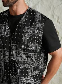 Manfinity VCAY Men's Plus Size Woven Casual Paisley Print Vest, For Fall Winter - Black and White - View 4