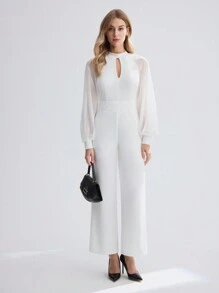 BizChic Women's Keyhole Collar See-Through Mesh Raglan Long Sleeve Jumpsuit - White - View 4