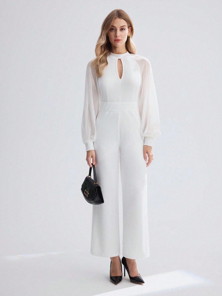 BizChic Women's Keyhole Collar See-Through Mesh Raglan Long Sleeve Jumpsuit - White - View 4