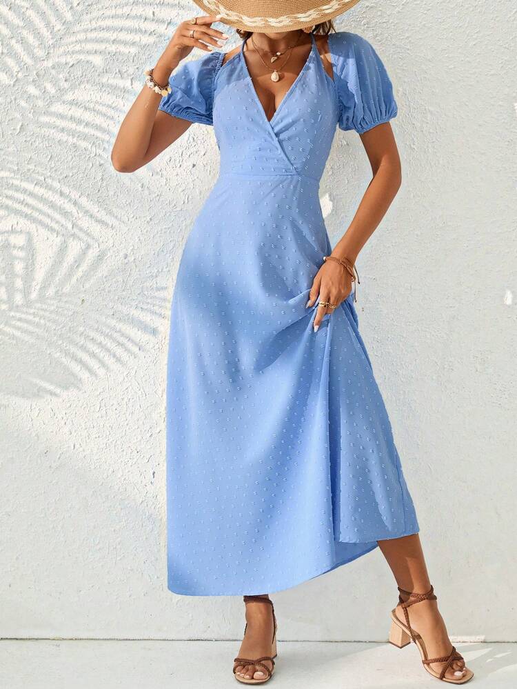 Swiss Dot V-Neck & Waistband Belt Design Vacation Blue Dress,Wedding Season