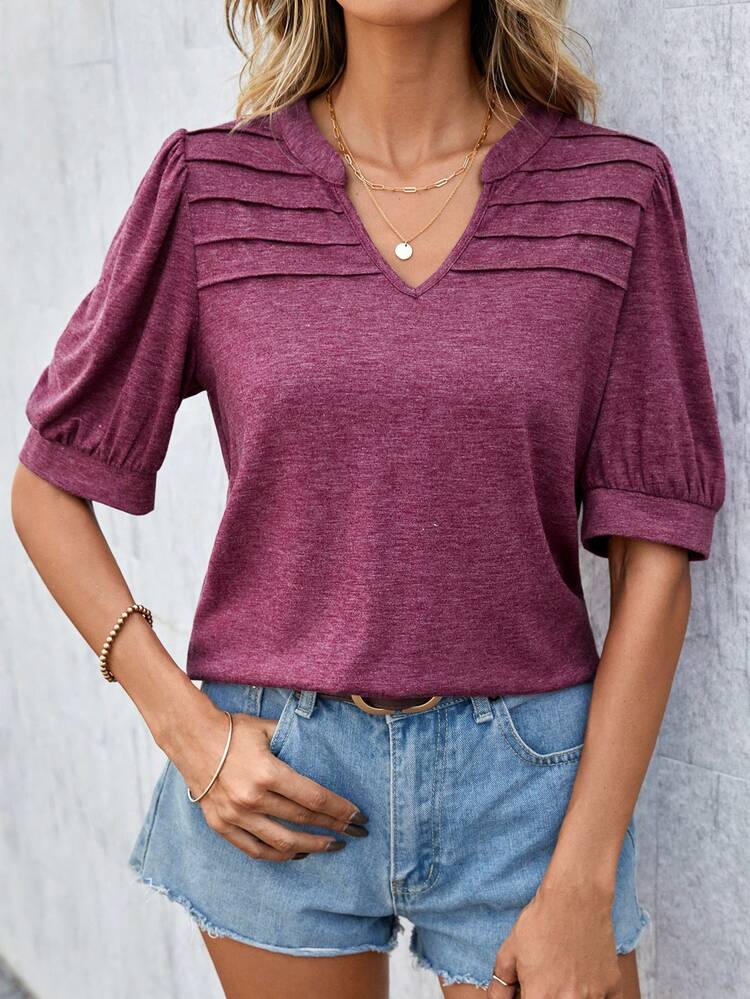 Solid Color Notched-Neck Short Sleeve Casual T-Shirt