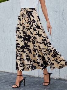 SHEIN LUNE 花卉印花彈性腰圍裙子,配有荷葉邊緣 - 彩色 - 查看 2