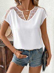 SHEIN Clasi 女士透明网眼撞色蝙蝠袖短袖衬衫 - 白色 - 查看 5