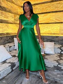 Slaydiva Women's Elegant Dark Green Summer Dress,Deep V-Neck Cap Sleeve Sparkling Satin Tight Ball Semi Formal Dress For Dining,Valentine's Day,Tea Party - Green - View 6
