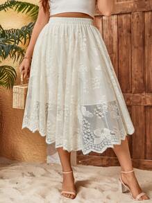 Celure Plus Size Women's Elastic Waist Asymmetric Hem Skirt - Beige - View 5