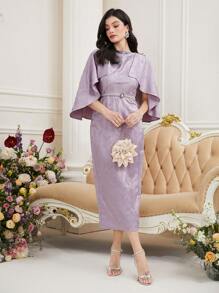 Modelyn Váy dạ hội dài bằng vải jacquard màu trơn cho nữ - Màu tím hoa cà - Xem 5