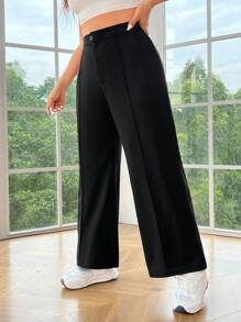 SHEIN EZwear 大碼日常休閒舒適純色直筒褲 - 黑色 - 查看 3