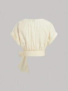 SHEIN MOD Apricot Tie Front V-Neck Batwing Sleeve Blouse - Apricot - View 2