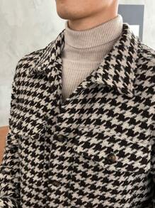 GENTILAND 1 件男士宽松千鸟格图案翻盖口袋大衣 - 棕色 - 查看 5