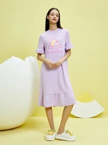 Gudetama X SHEIN Cartoon Letter Pattern Ruffle Hem Purple Nightgown - Purple - View 6