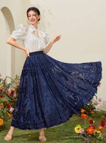 Modelyn 女式提花百褶长裙 - 藏蓝色 - 查看 3