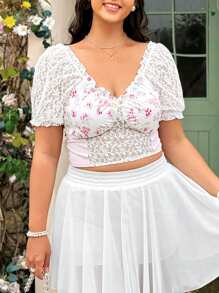 Dreamara Plus Size Women's Lace Panel Floral Print Shirt