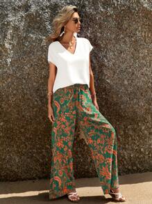 SHEIN VCAY Của phụ nữ Chất rắn Cổ chữ V Ngắn tay Áo Và In thực vật Quần 2 cái/bộ - màu xanh lá - Xem 5