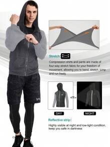 Conjunto deportivo para hombre de 5 piezas con mangas raglán con gráficos de letras y costuras superpuestas, ropa de gimnasio para hombres, traje atlético, conjunto de pantalones cortos para hombres - Gris - Ver 5