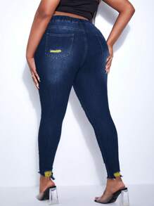 SHEIN SXY Kích thước lớn Khối màu Đau khổ Thon gọn Quần jean - Rửa tối - Xem 2