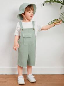 SHEIN 2入組年輕男孩休閒可愛連體衣,帶口袋蓋和帽子,多種款式可選 - 綠色 - 查看 3