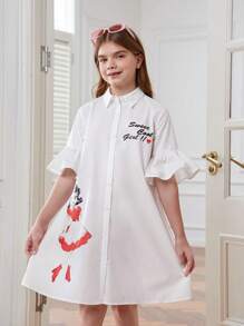 SHEIN 少女時裝鬆身白色假日裙,帶女孩印花的編織衫領 - 白色 - 查看 5