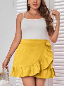 SHEIN Privé Plus Size Solid Color Wrap Style Skirt With Ruffle Hem And Tie Waist - Yellow - View 6