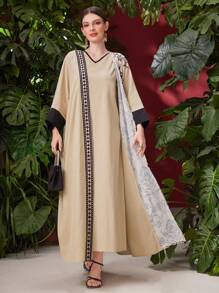 Al Najma Set de 2 piese pentru femei, jachetă la modă cu mâneci tip liliac și rochie cu bordură contrastantă, model elegant - Multicolor - Vizualizare 6