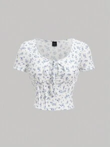 SHEIN MOD 女士花卉印花自繫短袖t恤 - 藍白色 - 查看 1