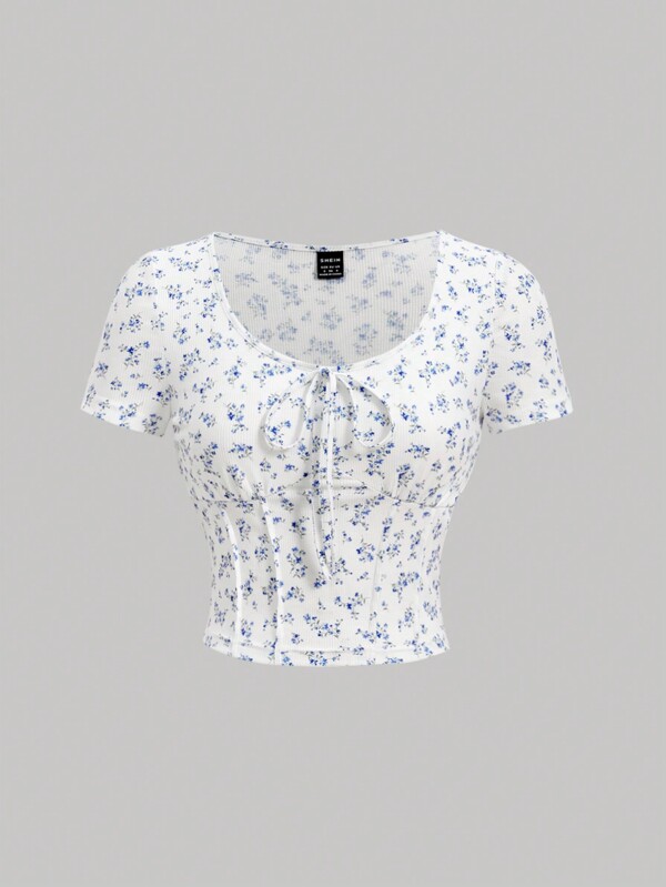 SHEIN MOD Ladies' Floral Print Self Tie Short Sleeve T-Shirt