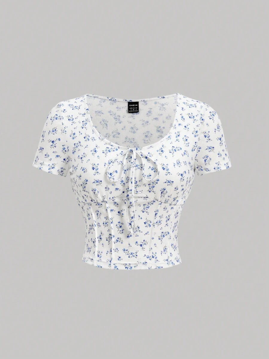SHEIN MOD 女士花卉印花自繫短袖t恤 - 藍白色 - 查看 1