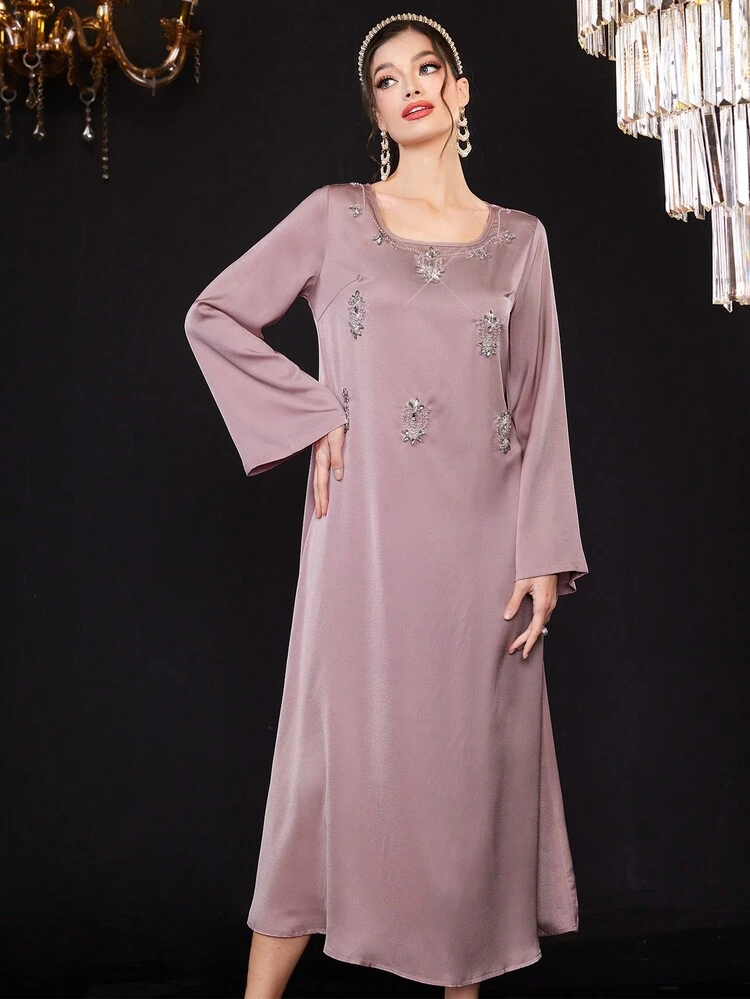 Women's Rhinestone Decorated Flared Sleeve Dress Fall Cloth For Women