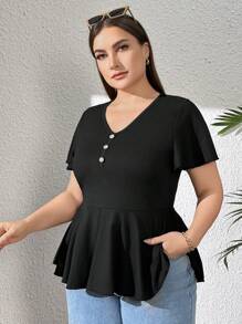 SHEIN Essnce 女式大码喇叭下摆 V 领短袖 T 恤，收腰，修身版型 - 黑色 - 查看 4