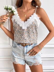 SHEIN Frenchy Women's Ditsy Floral Print & Contrast Lace Camisole Top Summer Vacation